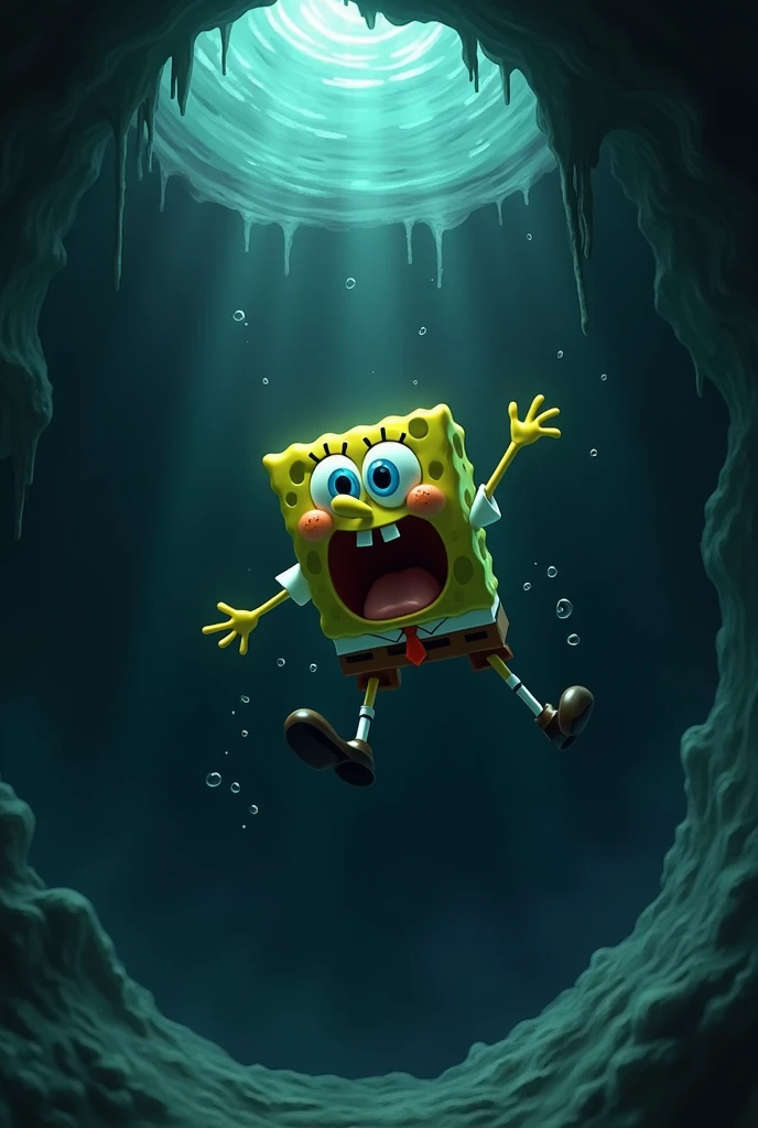 Spongebob falling scared into a hole 