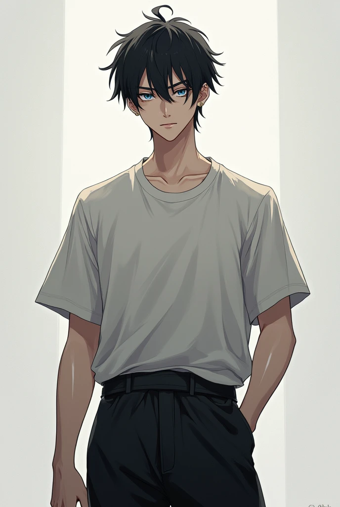 pale skin black hair tall loose t-shirt broad shoulders anime-shaped man black pants an earring in his ear
