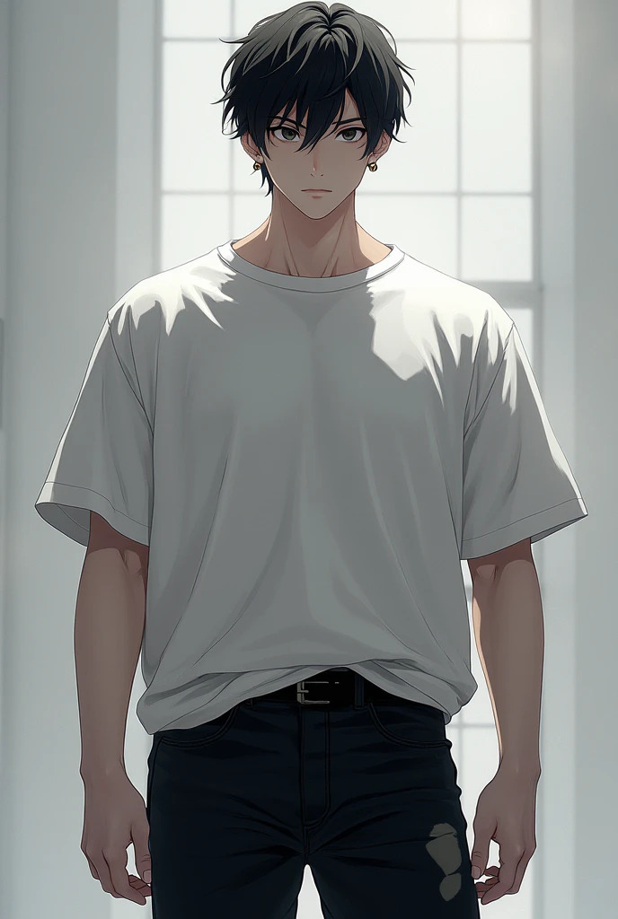 pale skin black hair tall loose t-shirt broad shoulders anime-shaped man black pants an earring in his ear 