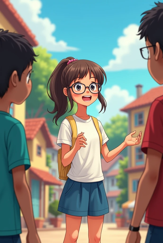 A town young big girl wearing specs and tied hair in a ponytail wearing white tshirt and blue mini skirt. She tells her classmates the procedure to do science experiment.