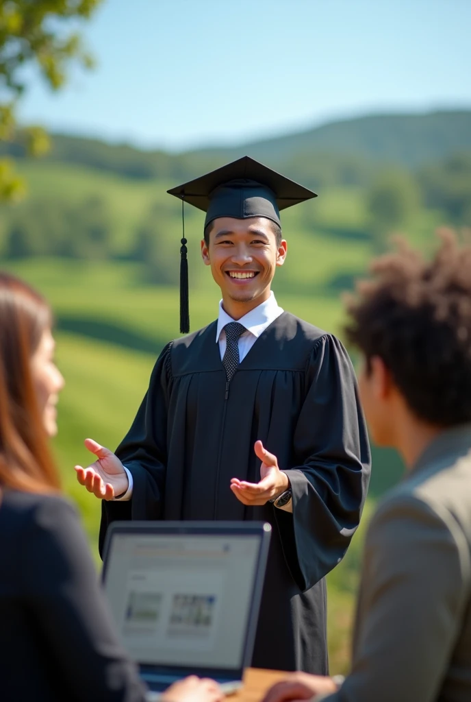 Drawing a man with graduation suit hold computer and socialize in earth