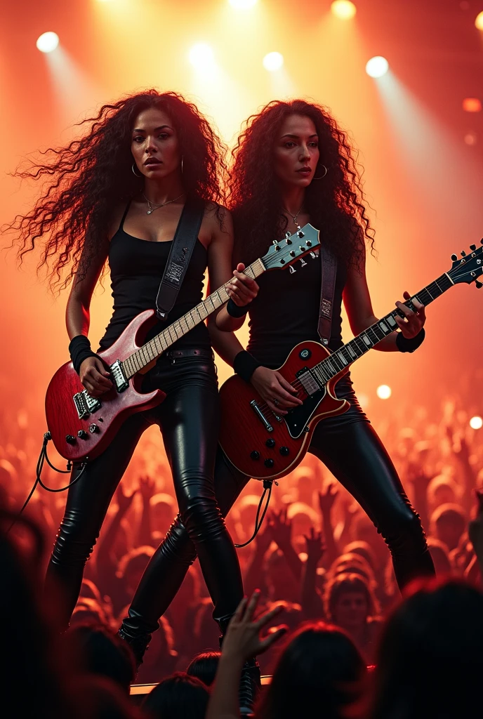  A 2 woman, rock star. She is tall, has dark skin and very long, curly, dark hair (como Marty Friedman), plays guitar and is putting on a rock show packed with fans 
