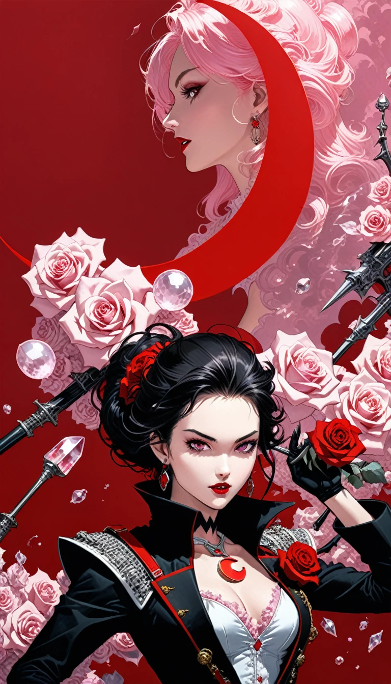in style of Ashley Wood,in style of Nick Veasey, (2d comic style:1.7),(1990-е годы \(style\):1.7),(vampire hunter D style:1.4),Charlotte, kazakh aristocratic girl close up,bright colors, break (rose quartz:1.3),(red crescent background:1.4),spicy,spicy image,(incredibly detailed and confusing, hypermaximalist, elegant, ornate, hyperrealistic, super detailed:1.1),extremely detailed,Amazing resolution,8 K,(Ray tracing:1.3),masterpiece,(particle effects:1.3),(beautiful effects:1.3), break (darkness:1.4),(Extreme Shadows:1.4),(best shadow:1.4),dark atmosphere,