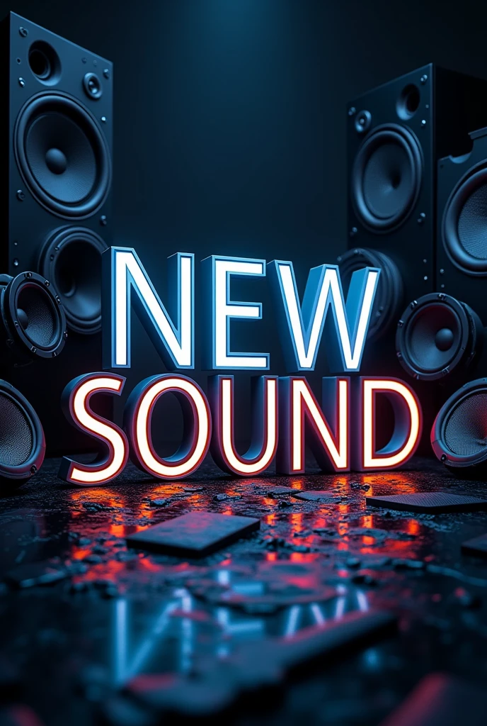 I want you to generate an image for me that has the words New Sound in capital letters, N and S, with an elegant font., They should wear matching colors and put speakers and car sound systems around them, but don&#39;t put people in them, but cars.