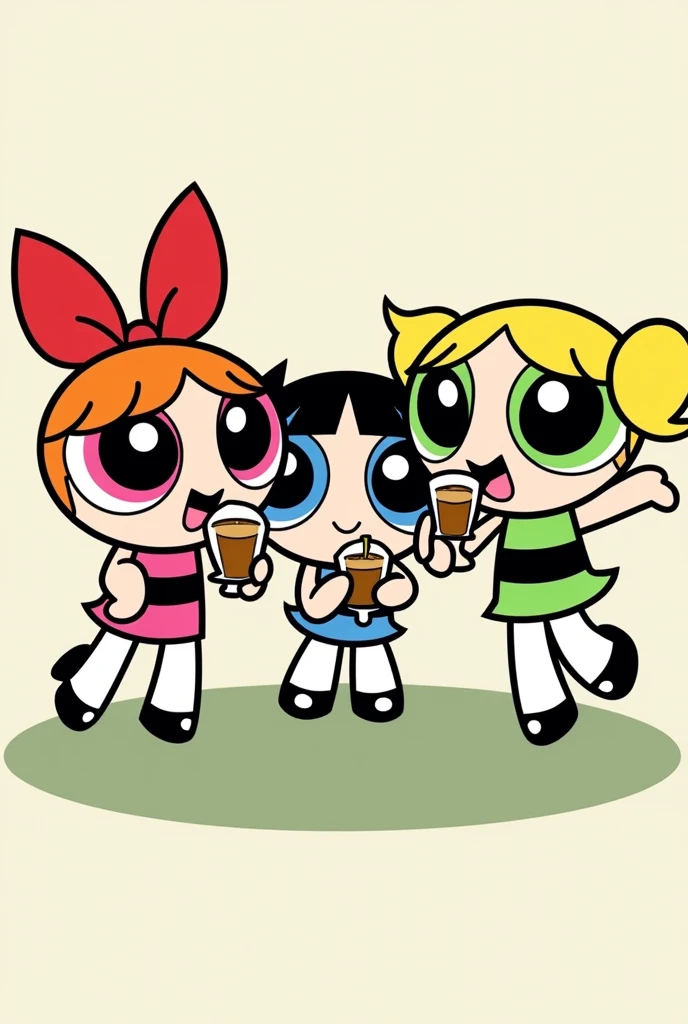 to the powerpuff girls characters, The 3 of them with a glass of alcohol in their hands looking happy, I said the powerpuff girls cartoons with their respective colors each, as similar as possible 
