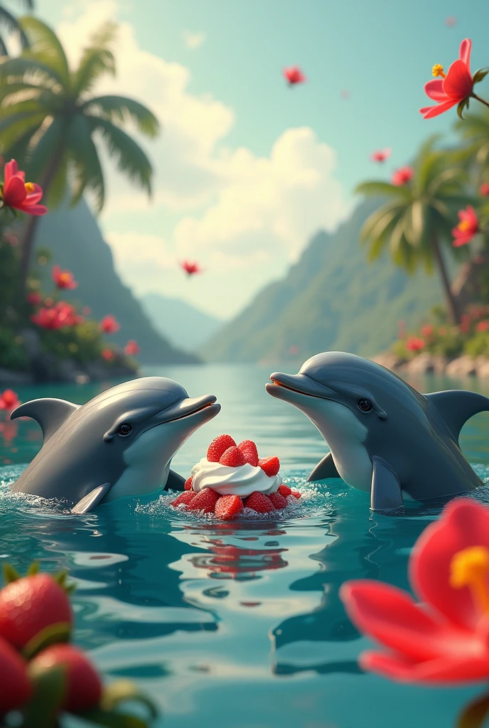 Real dolphins eating strawberries with cream and there are acoriris but they are above the water so you can see the landscape