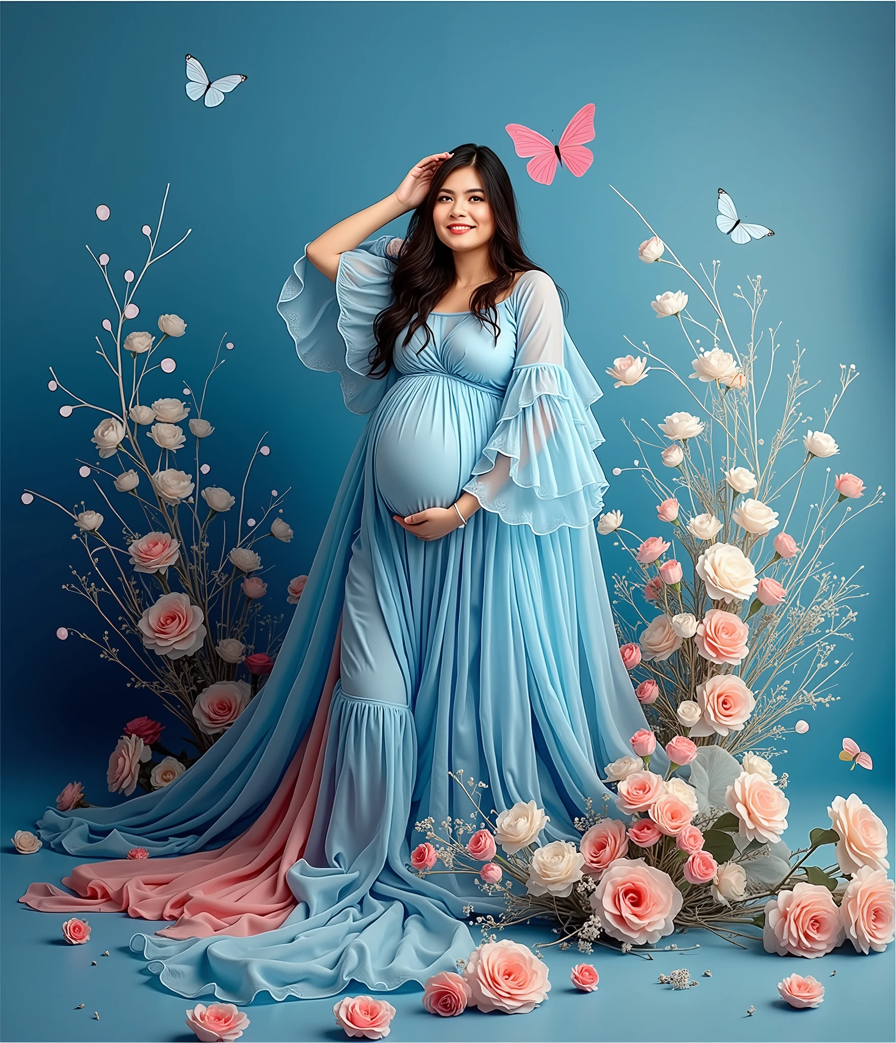 pregnant woman in blue dress posing for a photo with flowers and butterflies, a colorized photo by Elena Guro, trending on cg society, romanticism, blue and pink, cyan photographic backdrop, blue and pink color scheme, full body portrait shot, blue and pink colors, maternal photography 4 k, full body photoshoot, pink and blue colour, light blue dress portrait