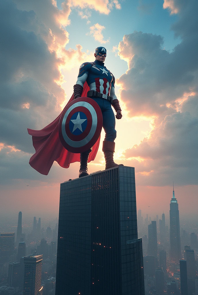 Real image of the multiverse of Captain America on top of the huge building with the mask on his face and shield in his hand