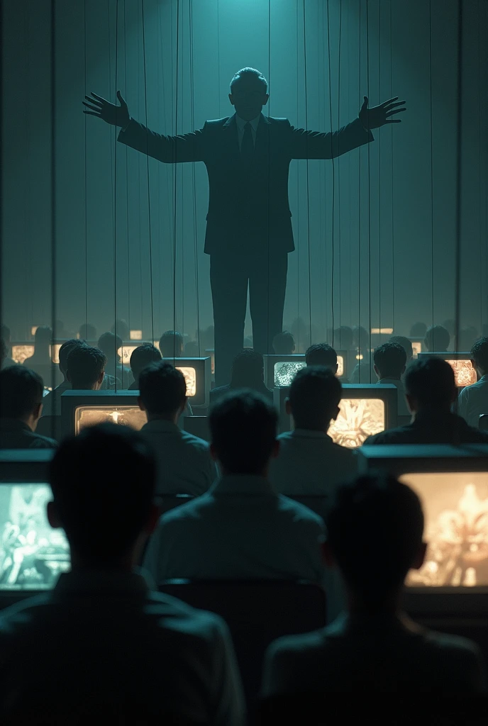 People watching TV, behind them there is a figure that represents the government manipulating them, like a marionette and they are glued to the TV