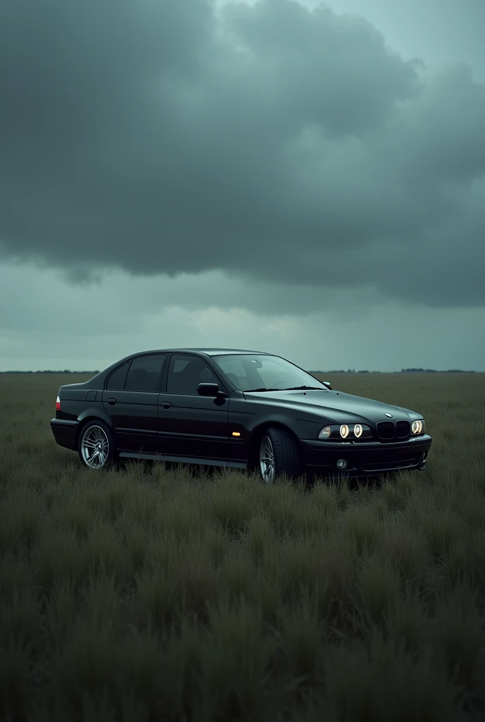 Siyah bmw e39 2004 model arkadan park edilmiş, ucsuz bucaksiz long grass, kotu siyah bulutlu hava, long grass
