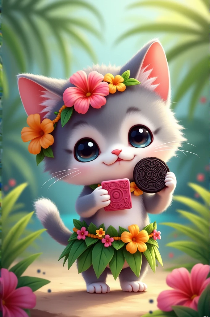 Kawaii gray and white kitten as a Tahitian dancer with a pink phone eating an oreo