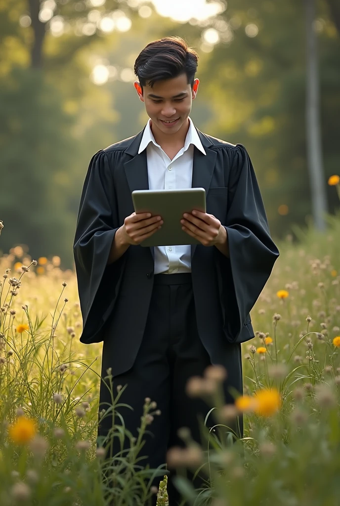 Student with graduation suit hold computer and socialize in earth