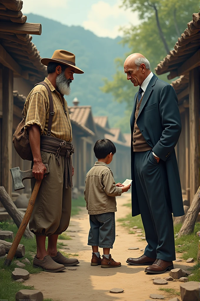 A 5 woodcutter in a checkered frame and an ax in a village nikkuran is opposite a 4 rich man with a bald head in a coat suit. Between the two, a 1 boy came out with a pen and paper