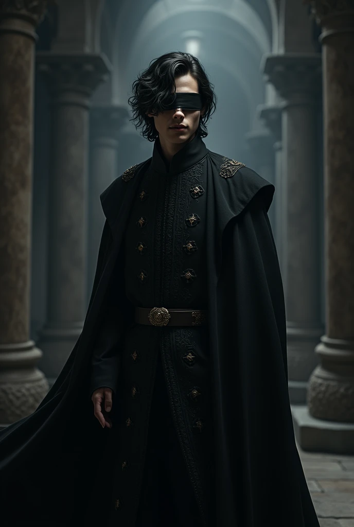 A young nobleman with wavy black medium-length hair, dark medieval robes and a blindfold