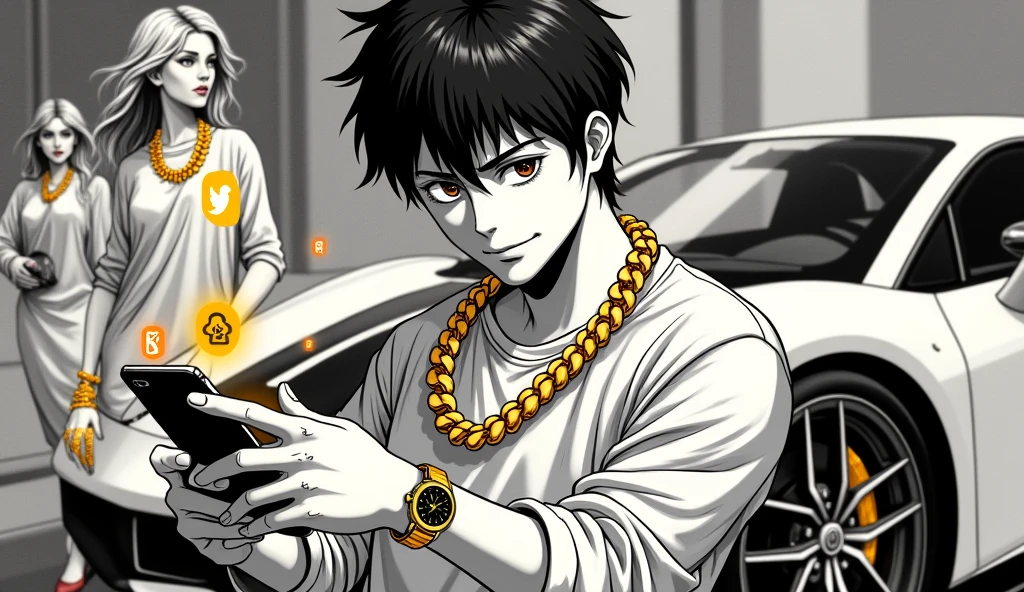 "prompt": "I created a manga style image of a person wearing a gold necklace, using someone else&#39;s watch, holding a cell phone with like icons jumping off the screen. In the background a luxury car and women with gold jewelry. Imagem em preto e branco com as joias Farbeidas”, "settings": { "style": "sleeved", "lighting": "high contrast", "detail_level": "high", "Farbe_scheme": "black and white with bright Farbe focal point", "emphasis": "social media icons and the person's expression", "size": "1280x720" } }