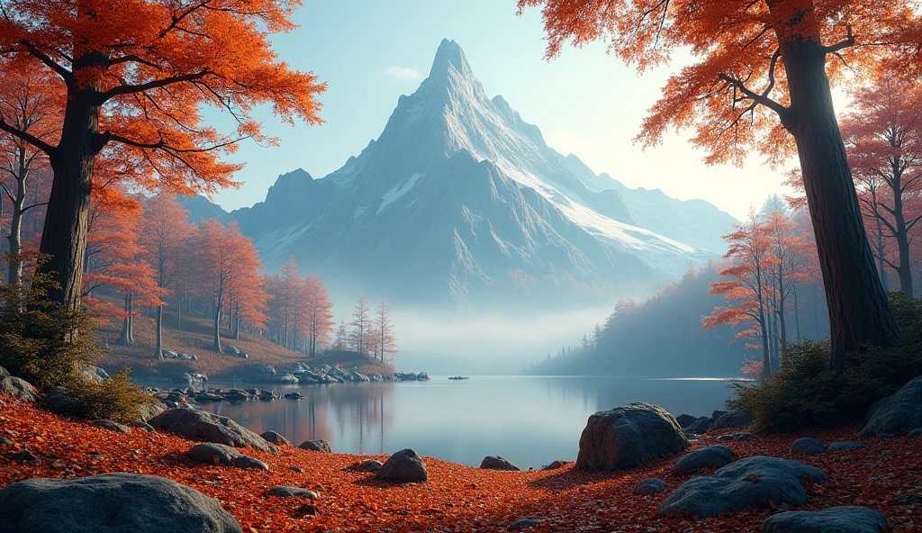 Front view,There is a mountain covered with ash trees(best quality,4K,8k,High level,masterpiece:1.2),Ultra Detailed,(lifelike,Photo real,Photo real:1.37)