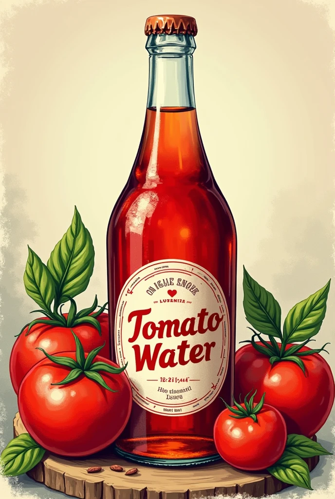 Image illustrations, vintage, d’une bouteille en Crystal, transparent rouge, inscrit sur l’étiquette de la bouteille « Coin Coin Lovers » et « Eau de Tomate » et « 12.07.24 » en arrière plan des tomates et du basilic.