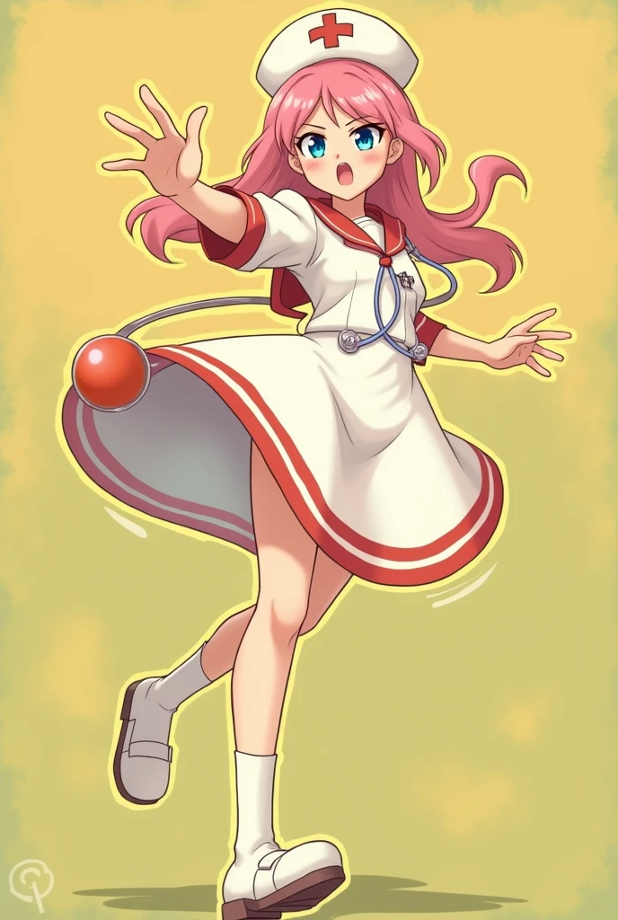 adult sailor, with a stethoscope, with a nurse's cap and a white dress, in dress, run, cute anime waifu with a nice dress., I will also make fanart., Arte Zerochan, madeline de celeste, retro anime girl, Joy the Pokémon, squid girl female pink humanoid, pink hair, blue eyes, !!Whole body portrait!!, Whole body!, High quality fanart, in a shiny skirt, with serious contempt.
