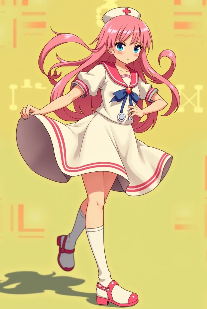 adult sailor, with a stethoscope, with a nurse's cap and a white dress, in dress, run, cute anime waifu with a nice dress., I will also make fanart., Arte Zerochan, madeline de celeste, retro anime girl, Joy the Pokémon, squid girl female pink humanoid, pink hair, blue eyes, !!Whole body portrait!!, Whole body!, High quality fanart, in a shiny skirt, with serious contempt.