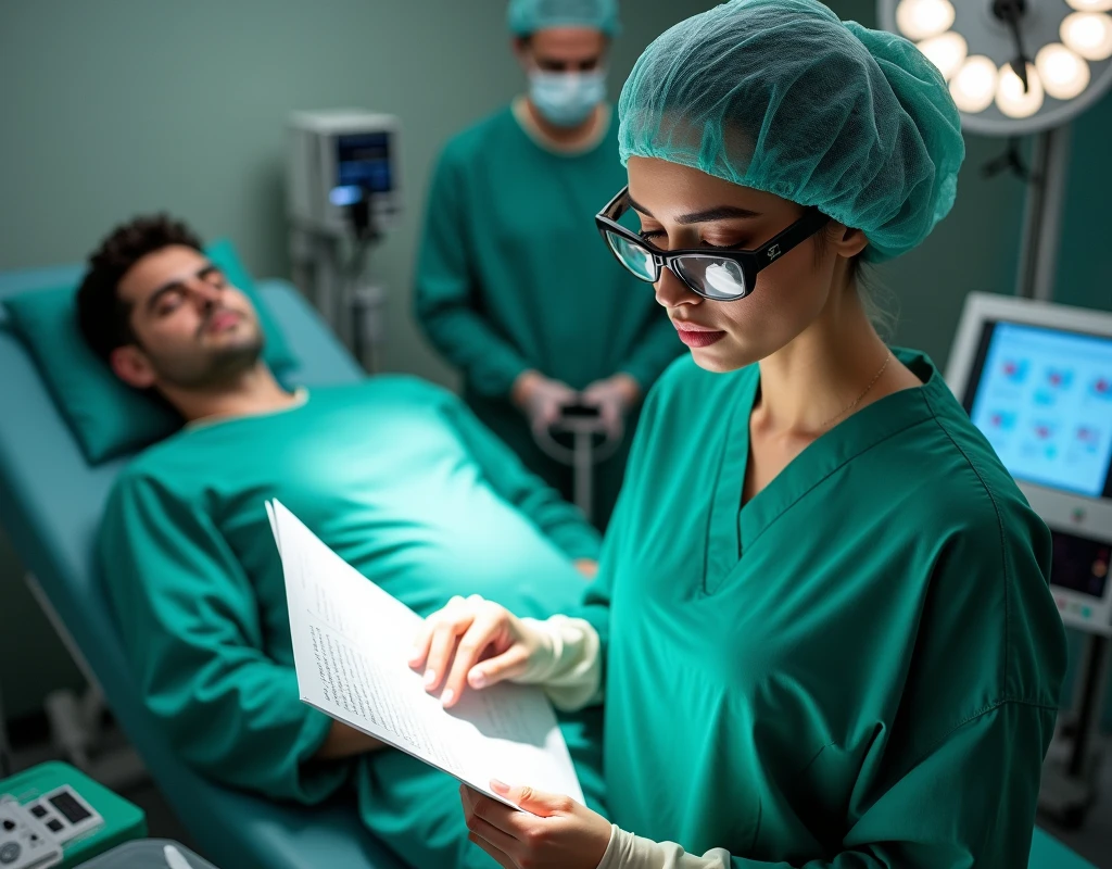 Aishwarya Rai as surgeon, wearing green scrubs, wearing skull cap, wearing surgical glasses, standing beside male patient on gurney, in operation theatre, fullbody view, topdown view, looking at report,