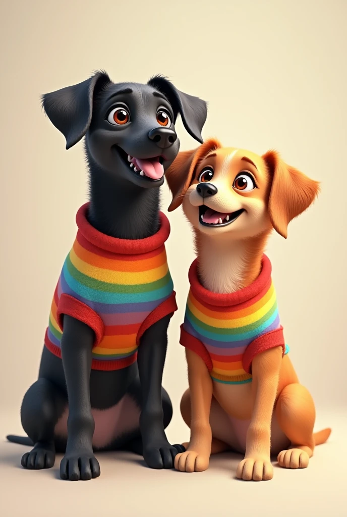 A black dog and a caramel dog with a rainbow shirt