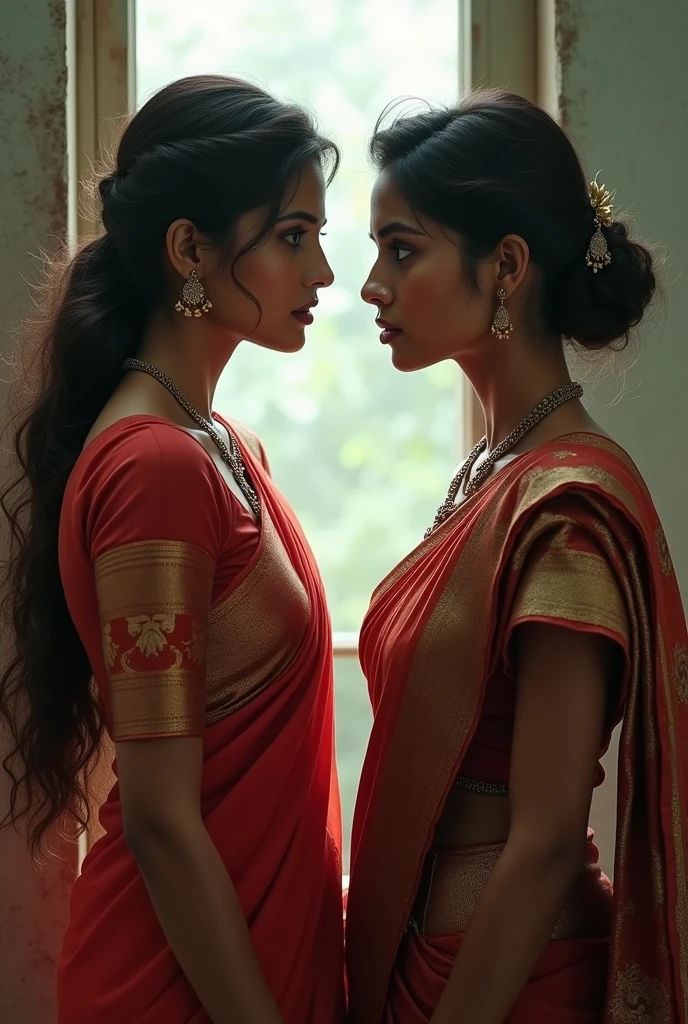 Two women in saree staring each other with hate