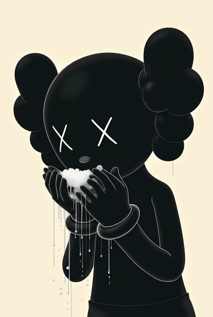 Create a black kaws doing face wash and his hand on face washing from soap