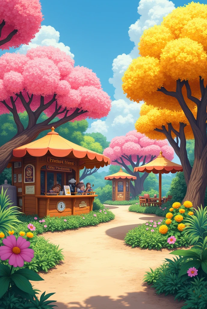 Create a park of pink and yellow guaiacs, with small restaurant premises and souvenir sales. That has paths through the trees.