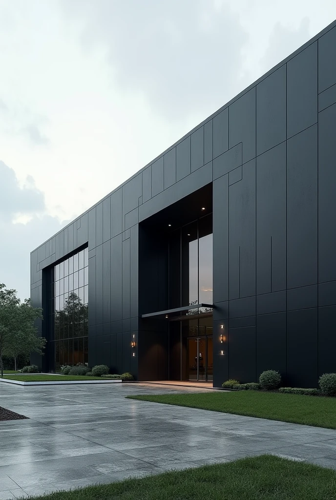 A beautiful detailed EXTERior of modren factory hall (black and grey in color ) dimensions 120ft ×220ft
With beautiful admin hall front elevation