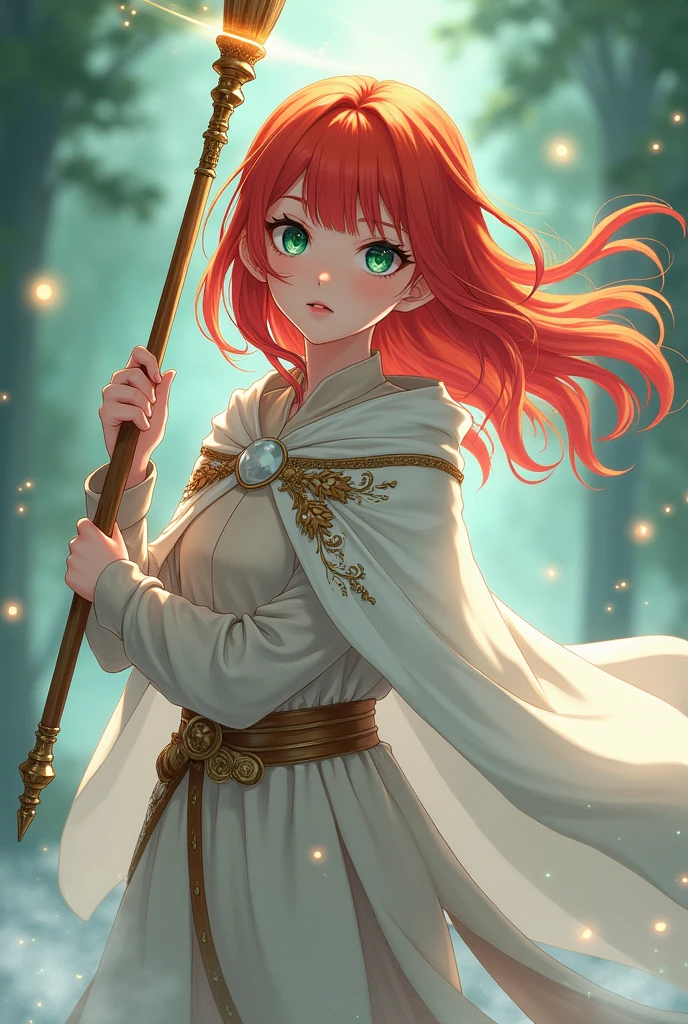 A beautiful red-haired girl carrying a magic staff, anime styling, wearing a white cloak.