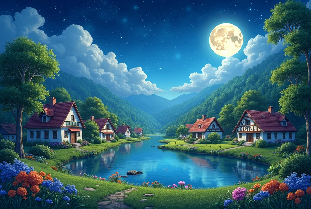 An amazing photo with beautiful houses, beautiful trees next to it, lake, grass, flowers, night sky, stars, moon