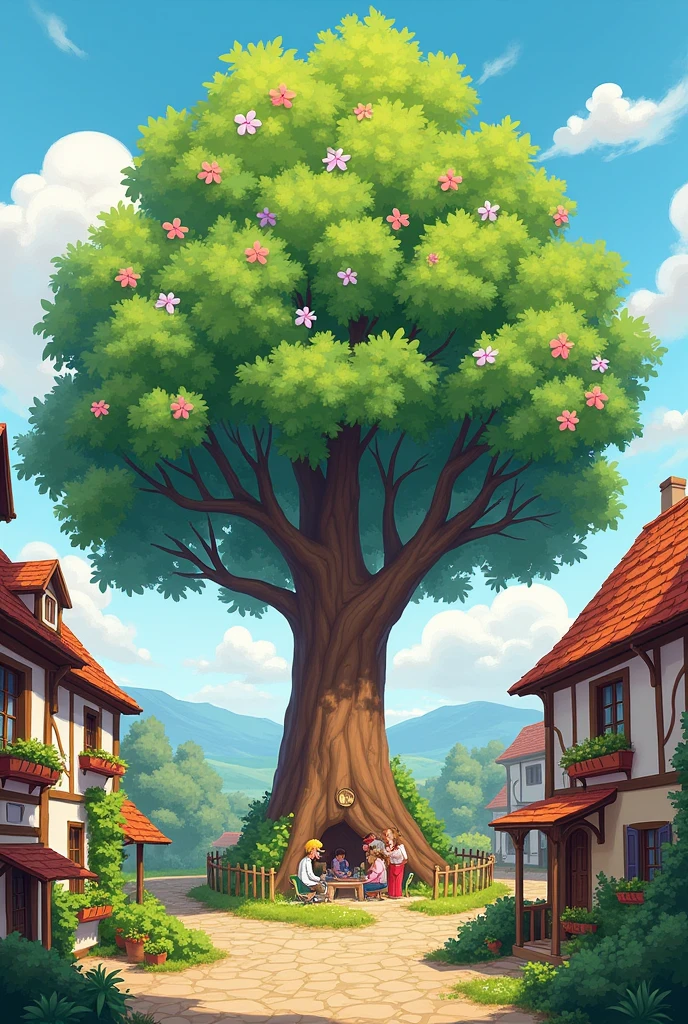 “Illustrate a quaint, small village with a vibrant tree in the center known as the Kindness Tree.