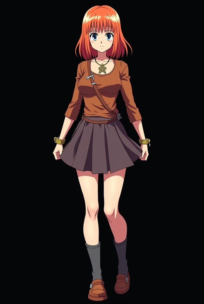 A full body image of an 1 girl named Hana Watanabe, personagem do anime "dragonball z", she is very beautiful, with medium length straight fire-colored hair with two white highlights in the front, framing your face. She has blue-green eyes and pale skin.. she is a Wiccan, she is in fighting pose. she wears a pentagram necklace, glued skirt, beautiful women&#39;s shoes and ¾ socks. It is drawn with Akira Toryama&#39;s animation. black backdrop.