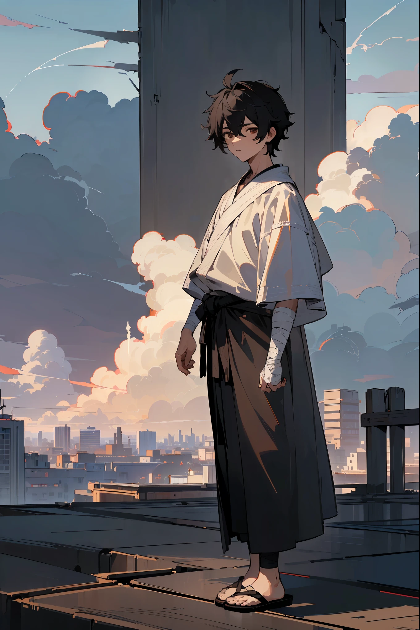 ((perfect generation, masterpiece quality, 1male, male focus, looking at viewer, solo, teenager,))

faded black hair, short, messy hair, brown eyes, sclera, calm expression, open black robes, bandages, sandals, hands to side, detailed eyes,

((feudal japan, city, cloudy sky, morning, full body))