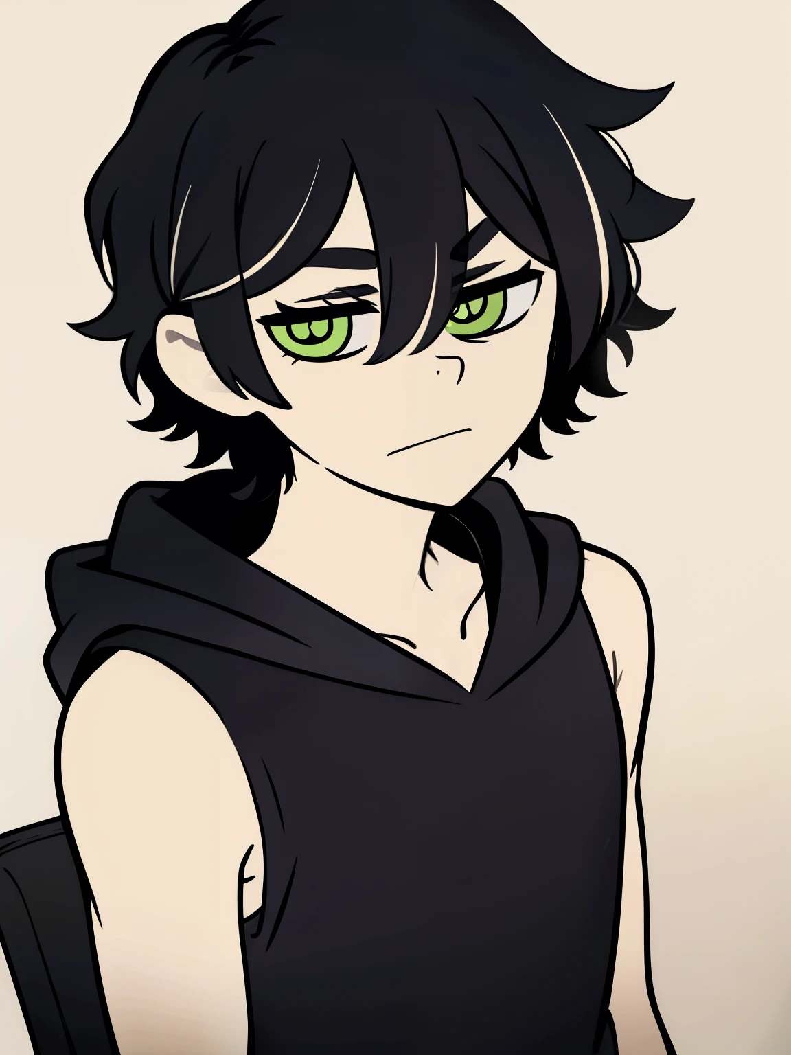 highres, monochrome,tcoaal, solo, looking at viewer, short hair, shirt, 1boy, Andy, hair between eyes, closed mouth,black hair, green eyes, Body, ahoge, Sleeveless hoodie, male focus, Simple background, messy hair, bright pupils, outline, white pupils, purple shirt, white outline,