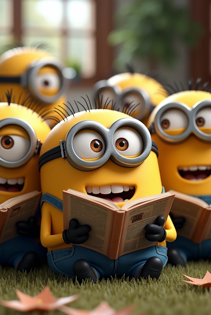 Image of happy minions reading while sitting in a group