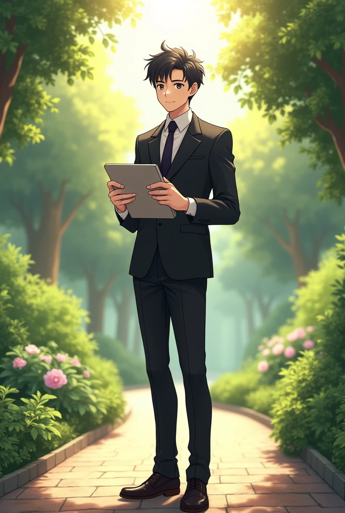 Anime man graduation suit hold computer and socialize in earth