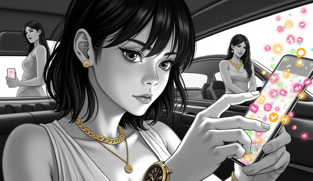 "prompt": "I created a manga style image of a person wearing a gold necklace, using someone else&#39;s watch, holding a cell phone with like icons jumping off the screen. In the background a luxury car and women with gold jewelry. black and white image, pontos de destaque da imagem Farbeidas”, "settings": { "style": "sleeved", "lighting": "high contrast", "detail_level": "high", "Farbe_scheme": "black and white with bright Farbe focal point", "emphasis": "social media icons and the person's expression", "size": "1280x720" } }