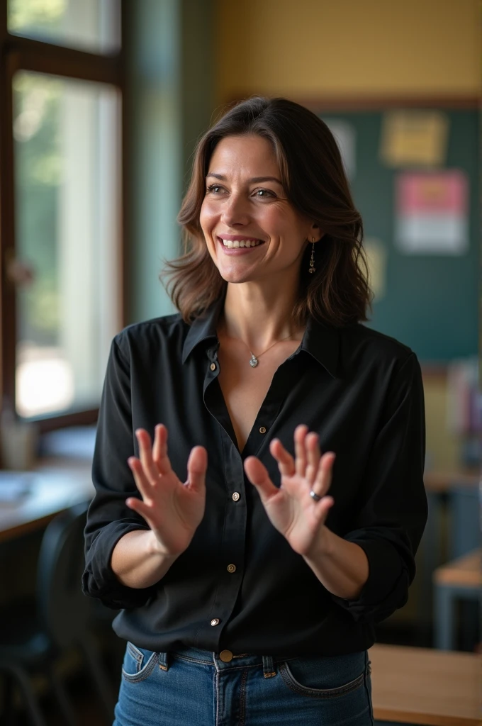 Uma mulher de 48 anos, with medium dark brown hair , Rosto redondo, sorriso encantador, e olhos castanhos, In a classroom, studio lighting, sign language interpreter and sign language teacher. She's wearing black clothes, blouse and black jeans