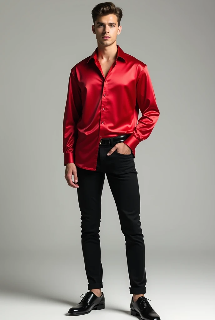 make the boy wear red silk shirt, black jeans and black shoes