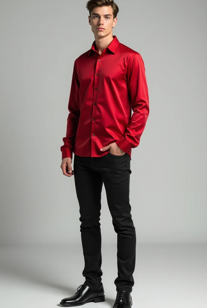 make the boy wear red silk shirt, black jeans and black shoes