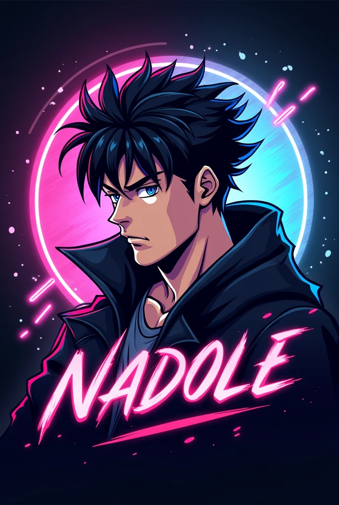 Design a bold and aesthetic logo for an Instagram page that shares anime wallpaper videos. The logo should feature a dynamic and stylish anime boy character, embodying a strong and masculine vibe. Use vibrant and eye-catching colors like neon blue, electric pink, and deep purple to highlight the character. Include modern, sleek text with the page name or initials, integrating seamlessly with the character design. The overall look should be catchy, professional, and convey a sense of energy and creativity, making it stand out in a crowded feed