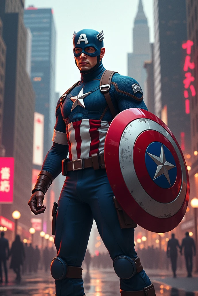 Real image of the multiverse of Captain America in the middle of the city with the mask on his face and shield in his hand