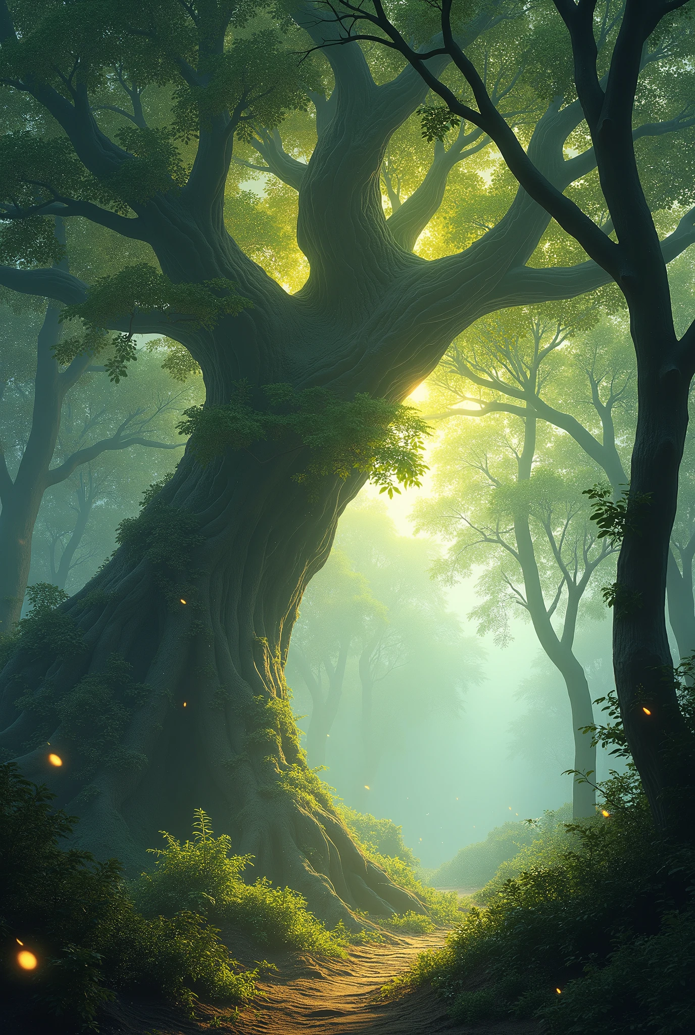A landscape of an enchanted forest where trees come alive and emit a soft, ethereal glow.