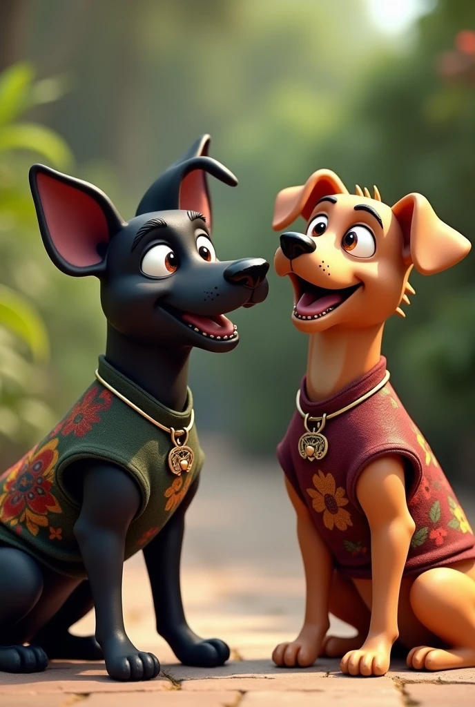 A black dog and a caramel dog wearing a Vasco da Gama shirt