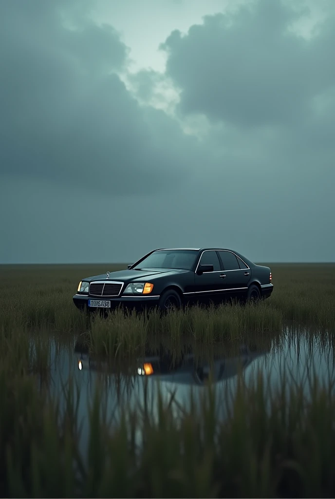 Siyah mercedes w140 s600 arkadan park edilmiş, ucsuz bucaksiz long grass, kotu siyah bulutlu hava, long grass
