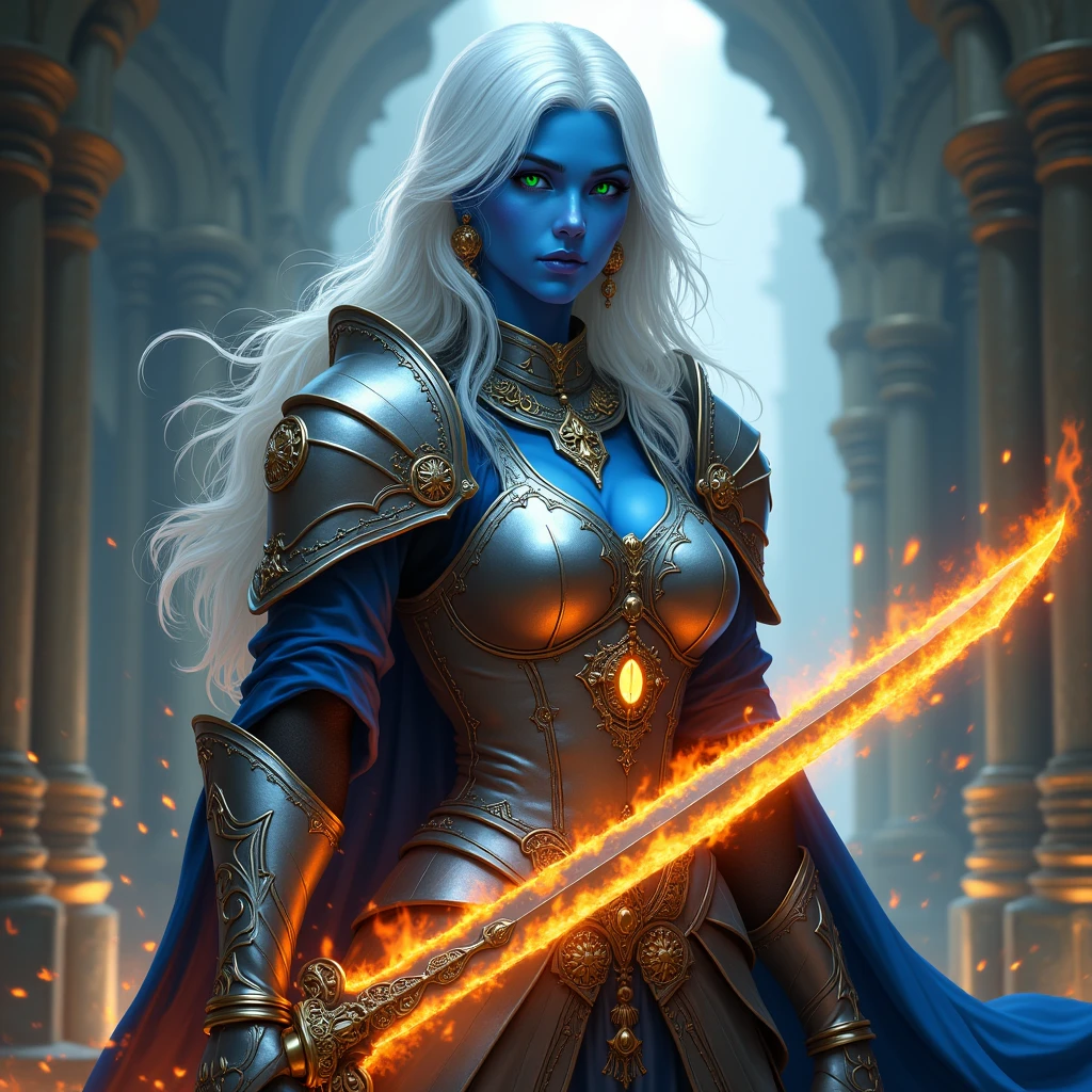 fantasy art, dnd art, RPG art, drkfntasy wide shot, (masterpiece: 1.4) portrait, intense details, highly detailed, photorealistic, best quality, highres, glowing particle portrait a vedalken female (fantasy art, Masterpiece, best quality: 1.3) (blue skin: 1.5), intense details facial details, exquisite beauty, (fantasy art, Masterpiece, best quality)cleric, (blue colored skin: 1.5) blue skinned female, (white hair: 1.3), long hair, intense green eye, fantasy art, Masterpiece, best quality) armed a fiery sword red fire, wearing heavy (white: 1.3) half plate mail armor CM-Beautiful_armor wearing high heeled laced boots, wearing an(orange :1.3) cloak, wearing glowing holy symbol GLOWING EARRINGS, within fantasy temple background, reflection light, high details, best quality, 16k, [ultra detailed], masterpiece, best quality, (extremely detailed), close up, ultra wide shot, photorealistic, RAW, fantasy art, dnd art, fantasy art, realistic art,