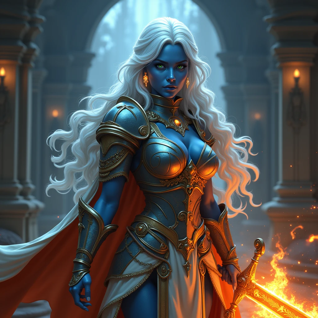 fantasy art, dnd art, RPG art, drkfntasy wide shot, (masterpiece: 1.4) portrait, intense details, highly detailed, photorealistic, best quality, highres, glowing particle portrait a vedalken female (fantasy art, Masterpiece, best quality: 1.3) (blue skin: 1.5), intense details facial details, exquisite beauty, (fantasy art, Masterpiece, best quality)cleric, (blue colored skin: 1.5) blue skinned female, (white hair: 1.3), long hair, intense green eye, fantasy art, Masterpiece, best quality) armed a fiery sword red fire, wearing heavy (white: 1.3) half plate mail armor CM-Beautiful_armor wearing high heeled laced boots, wearing an(orange :1.3) cloak, wearing glowing holy symbol GLOWING EARRINGS, within fantasy temple background, reflection light, high details, best quality, 16k, [ultra detailed], masterpiece, best quality, (extremely detailed), close up, ultra wide shot, photorealistic, RAW, fantasy art, dnd art, fantasy art, realistic art,