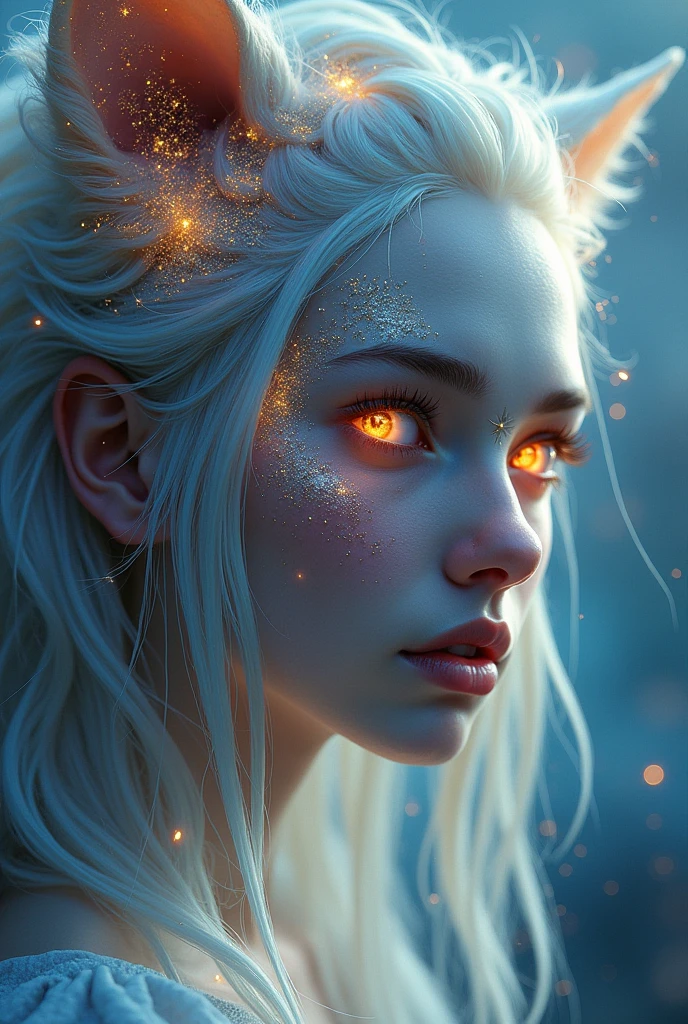 A cute adorable hyper-realistic and captivating portrait of a mystical and otherworldly beautiful young goddess creature, with luminous and ethereal animal features. The creature has deep glowing eyes that radiate an otherworldly light, surrounded by intricate patterns of shimmering light and shadow on its skin. The hair is a flowing cascade of silver and gold strands that catch and reflect light like threads of pure energy. The background is a dynamic blend of cosmic colors: blues + purples + pinks, swirling together in a nebula-like pattern, creating an aura of mystery and wonder. The overall composition is both surreal and stunningly lifelike, with a focus on detail and depth that draws the viewer into the mystical world of this extraordinary being. Super creative