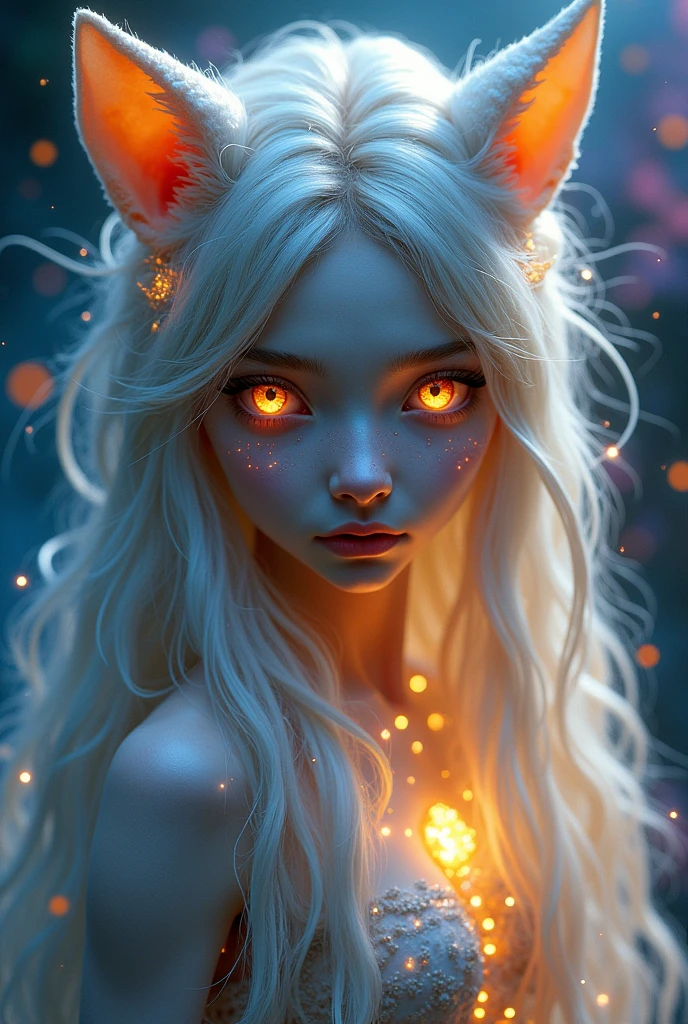 A cute adorable hyper-realistic and captivating portrait of a mystical and otherworldly beautiful young goddess creature, with luminous and ethereal animal features. The creature has deep glowing eyes that radiate an otherworldly light, surrounded by intricate patterns of shimmering light and shadow on its skin. The hair is a flowing cascade of silver and gold strands that catch and reflect light like threads of pure energy. The background is a dynamic blend of cosmic colors: blues + purples + pinks, swirling together in a nebula-like pattern, creating an aura of mystery and wonder. The overall composition is both surreal and stunningly lifelike, with a focus on detail and depth that draws the viewer into the mystical world of this extraordinary being. Super creative